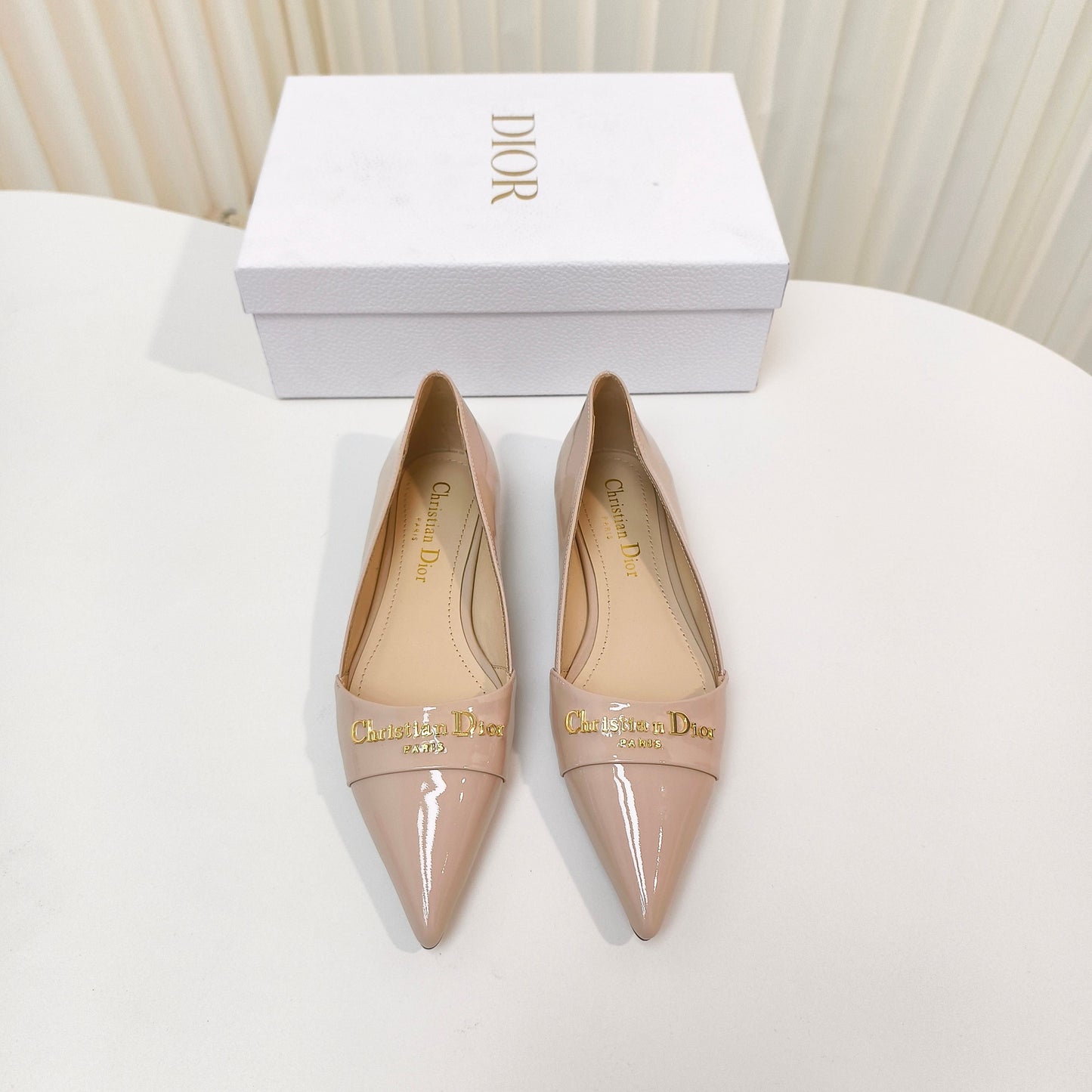 DIOR POINTED BALLET FLATS 25S IN BEIGE GLOSSY LEATHER WITH GOLD HARDWARE - 34