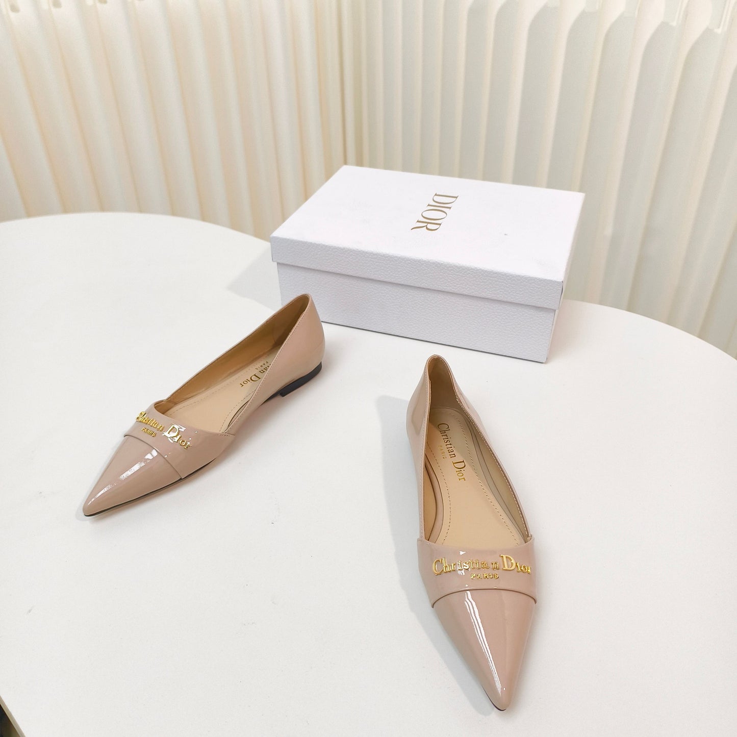 DIOR POINTED BALLET FLATS 25S IN BEIGE GLOSSY LEATHER WITH GOLD HARDWARE - 34