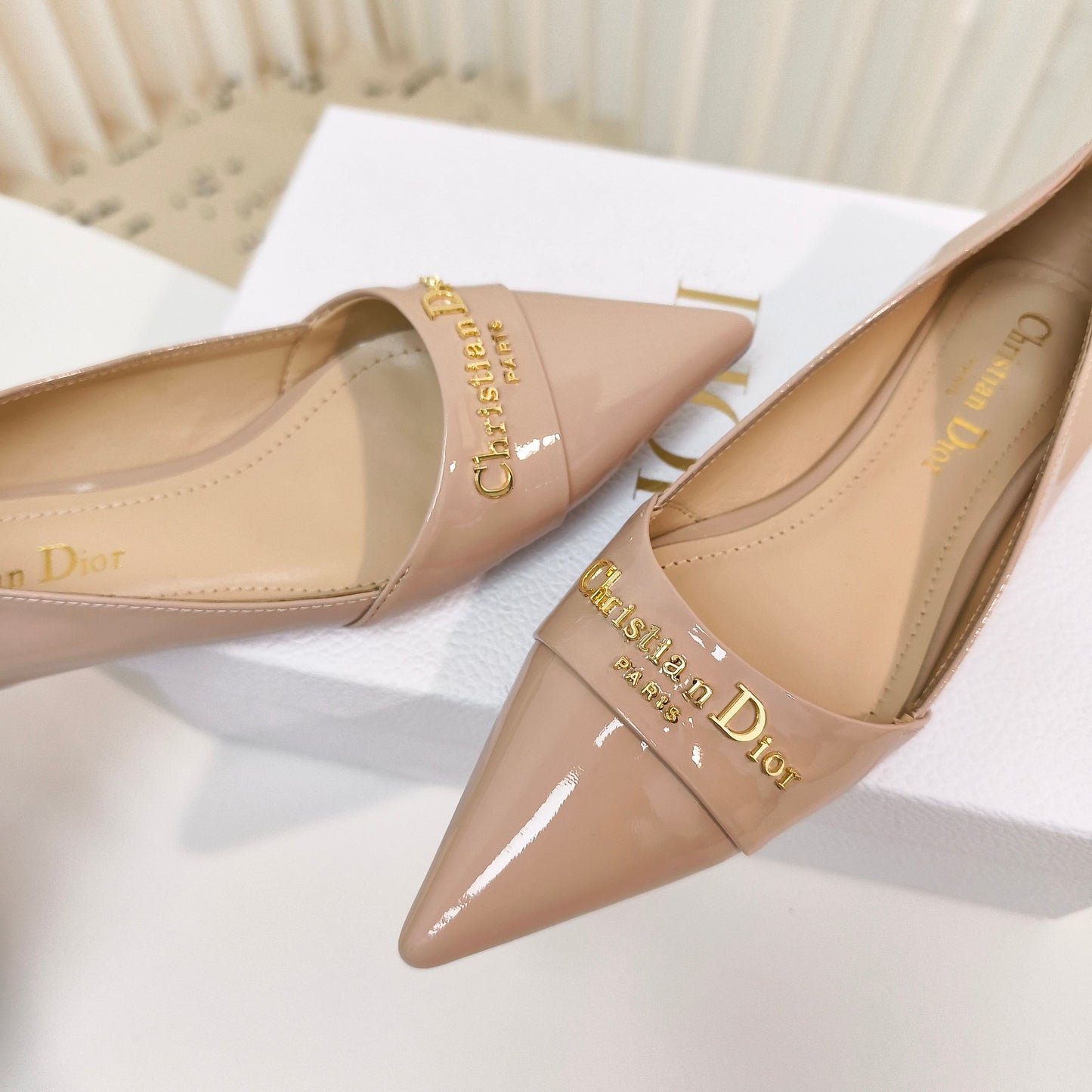 DIOR POINTED BALLET FLATS 25S IN BEIGE GLOSSY LEATHER WITH GOLD HARDWARE - 34