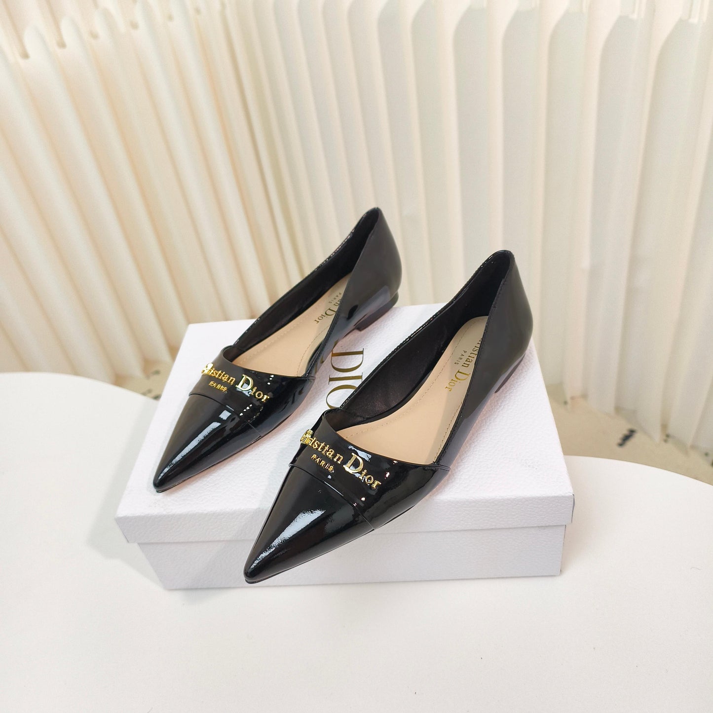 DIOR POINTED BALLET FLATS 25S IN BLACK GLOSSY LEATHER WITH GOLD HARDWARE - 34