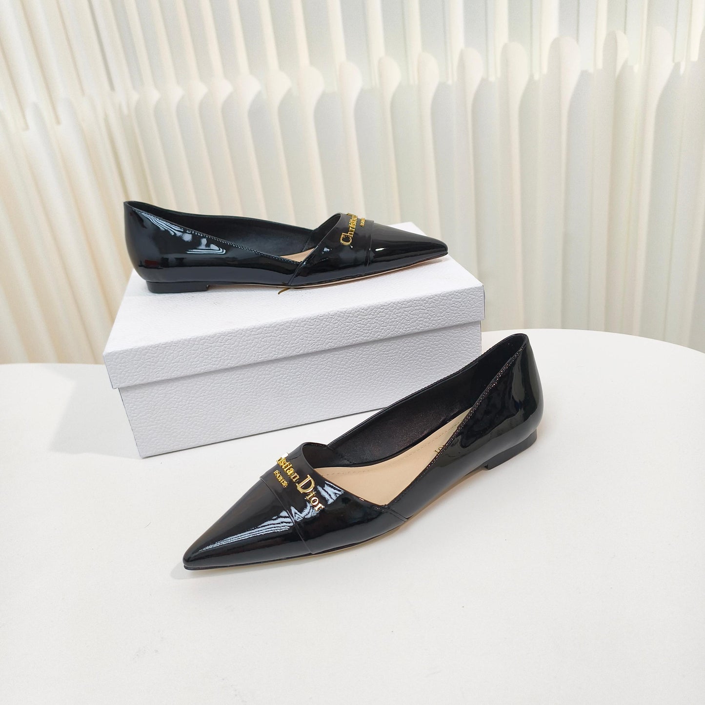 DIOR POINTED BALLET FLATS 25S IN BLACK GLOSSY LEATHER WITH GOLD HARDWARE - 34