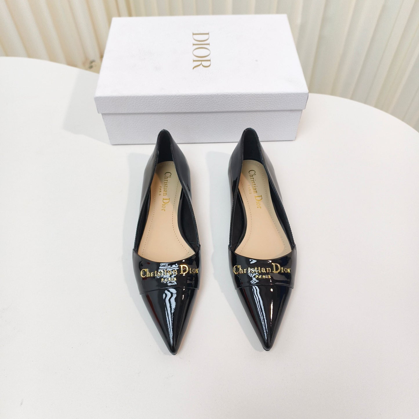 DIOR POINTED BALLET FLATS 25S IN BLACK GLOSSY LEATHER WITH GOLD HARDWARE - 34