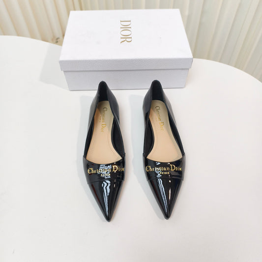 DIOR POINTED BALLET FLATS 25S IN BLACK GLOSSY LEATHER WITH GOLD HARDWARE - 34