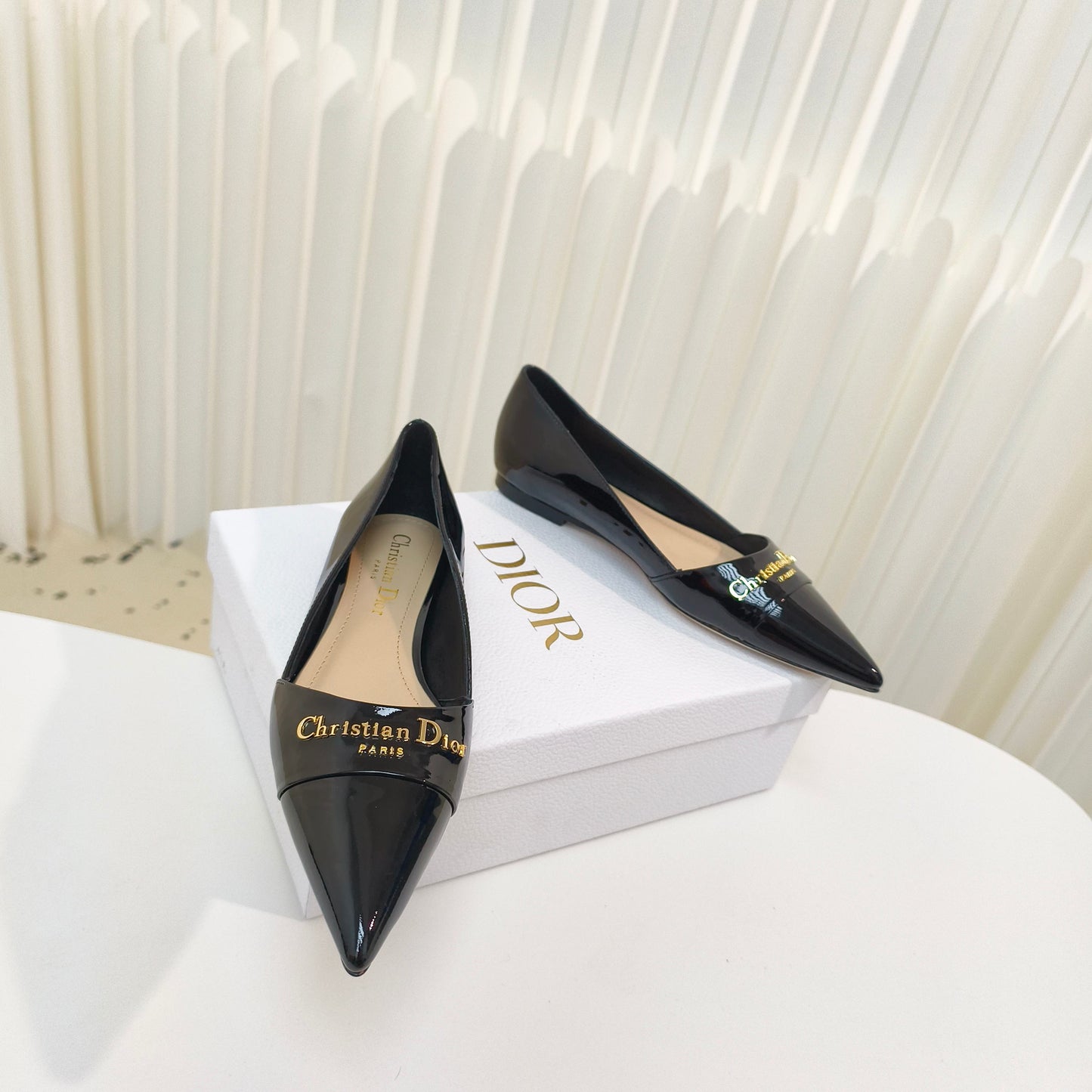 DIOR POINTED BALLET FLATS 25S IN BLACK GLOSSY LEATHER WITH GOLD HARDWARE - 34