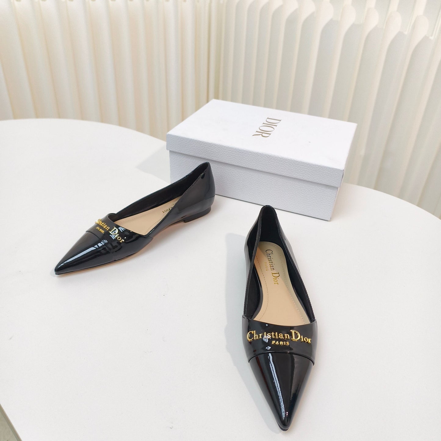 DIOR POINTED BALLET FLATS 25S IN BLACK GLOSSY LEATHER WITH GOLD HARDWARE - 34