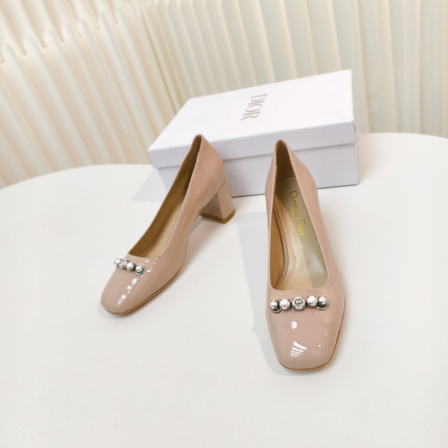 DIOR HIGH HEEL 55 MM 25S IN BEIGE LAMBSKIN PEARL DETAILING - 34