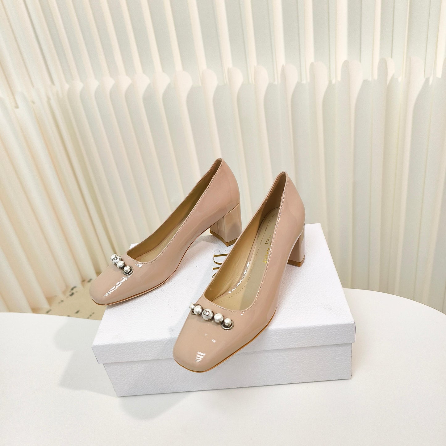 DIOR HIGH HEEL 55 MM 25S IN BEIGE LAMBSKIN PEARL DETAILING - 34