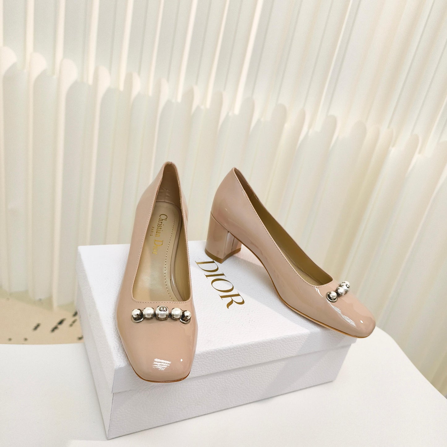 DIOR HIGH HEEL 55 MM 25S IN BEIGE LAMBSKIN PEARL DETAILING - 34