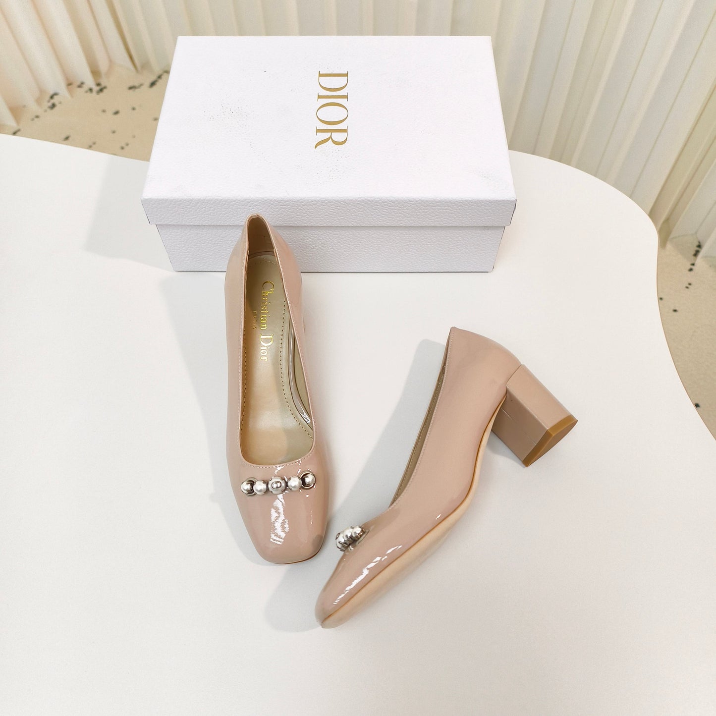 DIOR HIGH HEEL 55 MM 25S IN BEIGE LAMBSKIN PEARL DETAILING - 34