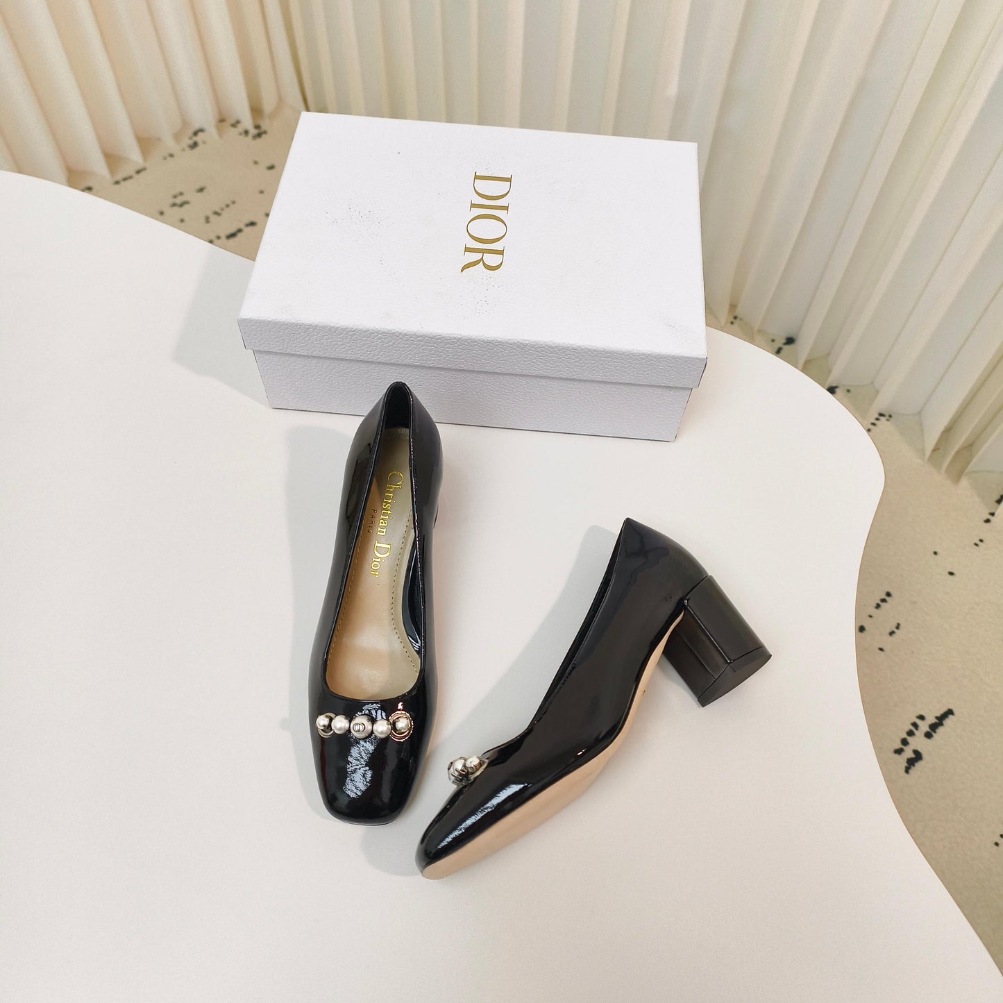 DIOR HIGH HEEL 55 MM 25S IN BLACK LAMBSKIN PEARL DETAILING - 34