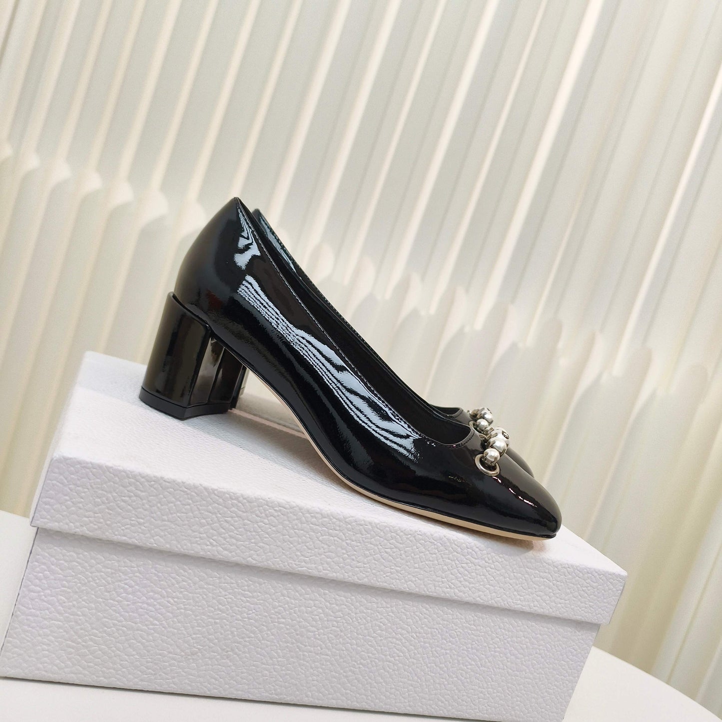 DIOR HIGH HEEL 55 MM 25S IN BLACK LAMBSKIN PEARL DETAILING - 34