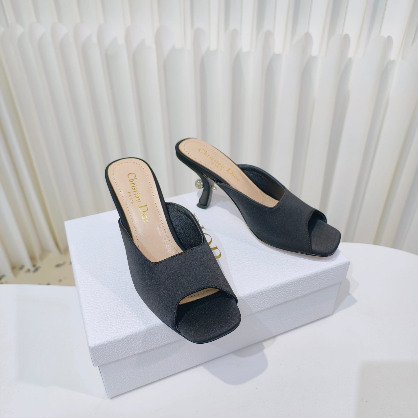 DIOR EMBELLISHED HIGH HEEL SLIDES 25S IN BLACK SATIN - 34
