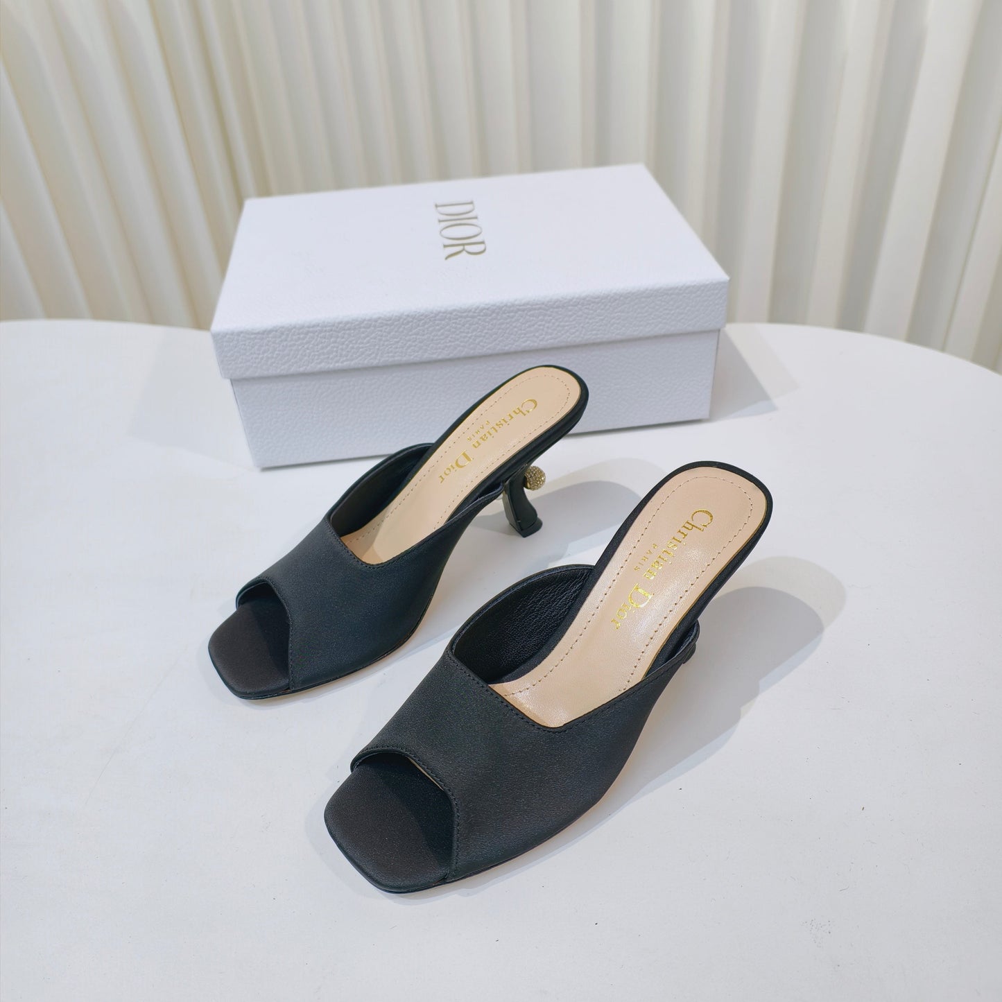 DIOR EMBELLISHED HIGH HEEL SLIDES 25S IN BLACK SATIN - 34