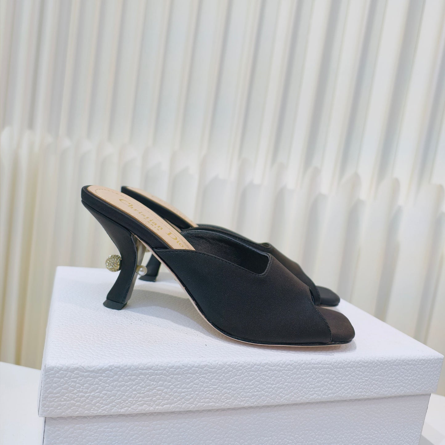 DIOR EMBELLISHED HIGH HEEL SLIDES 25S IN BLACK SATIN - 34
