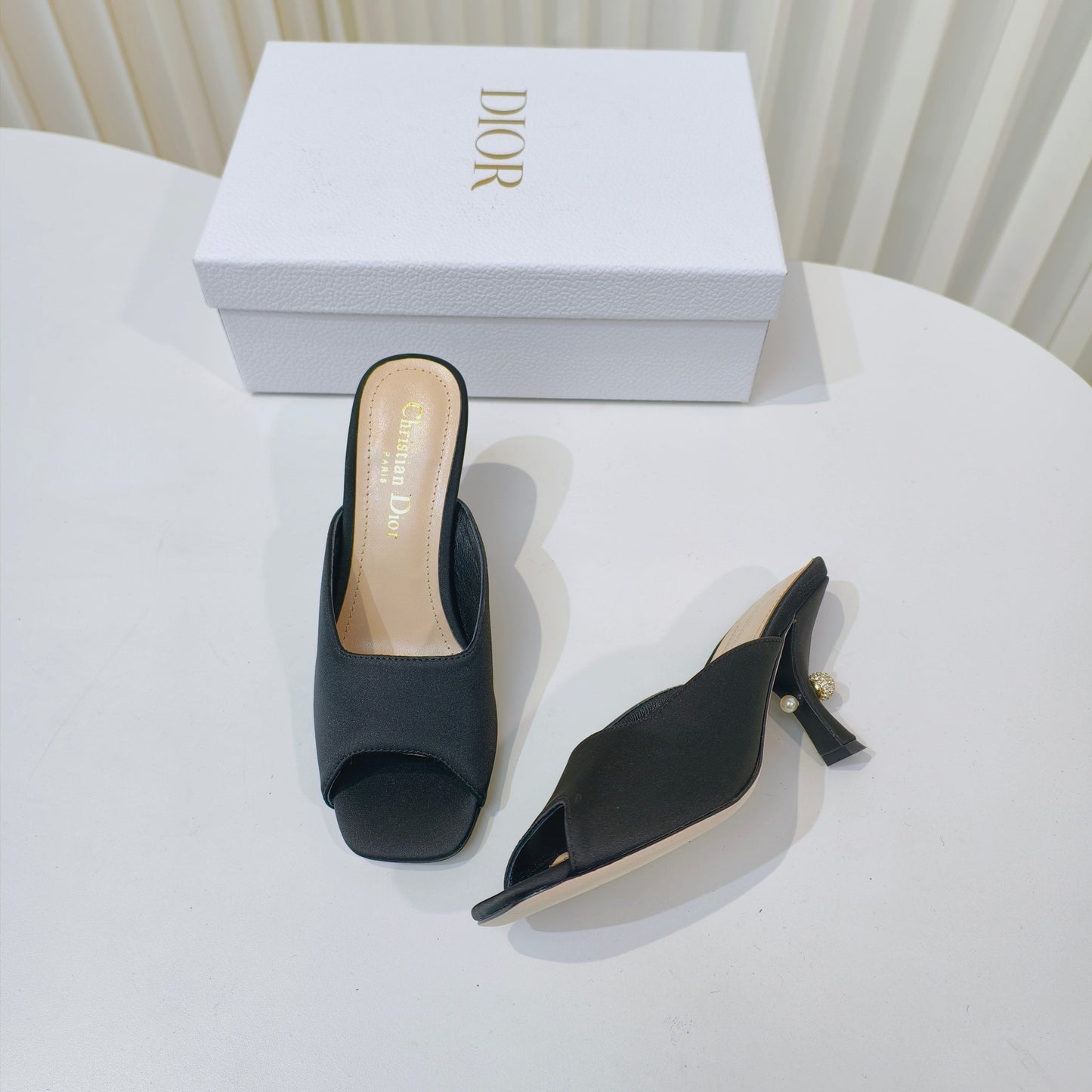 DIOR EMBELLISHED HIGH HEEL SLIDES 25S IN BLACK SATIN - 34