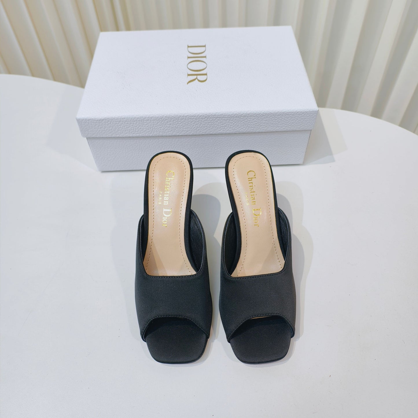 DIOR EMBELLISHED HIGH HEEL SLIDES 25S IN BLACK SATIN - 34