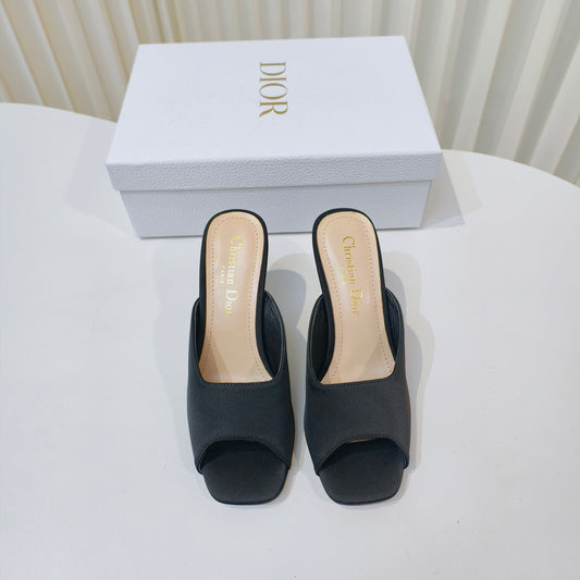 DIOR EMBELLISHED HIGH HEEL SLIDES 25S IN BLACK SATIN - 34