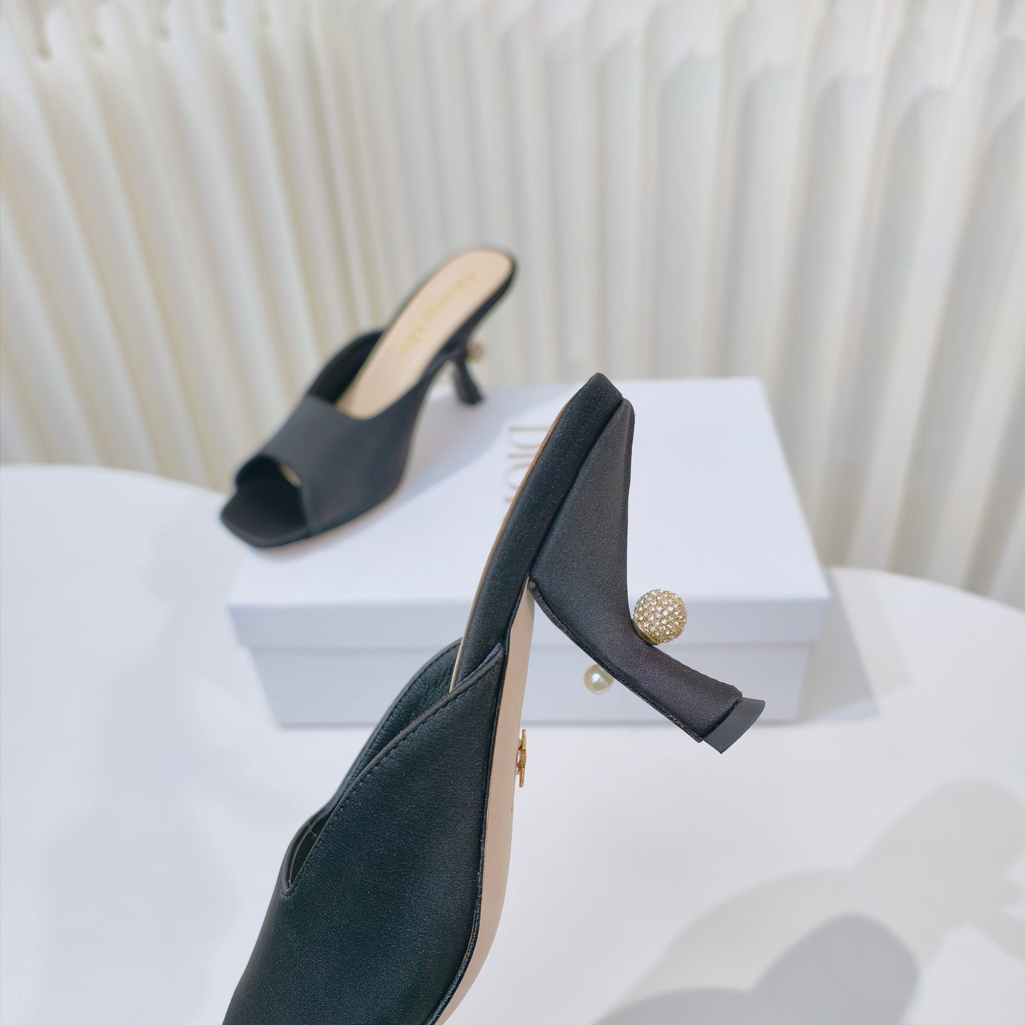 DIOR EMBELLISHED HIGH HEEL SLIDES 25S IN BLACK SATIN - 34