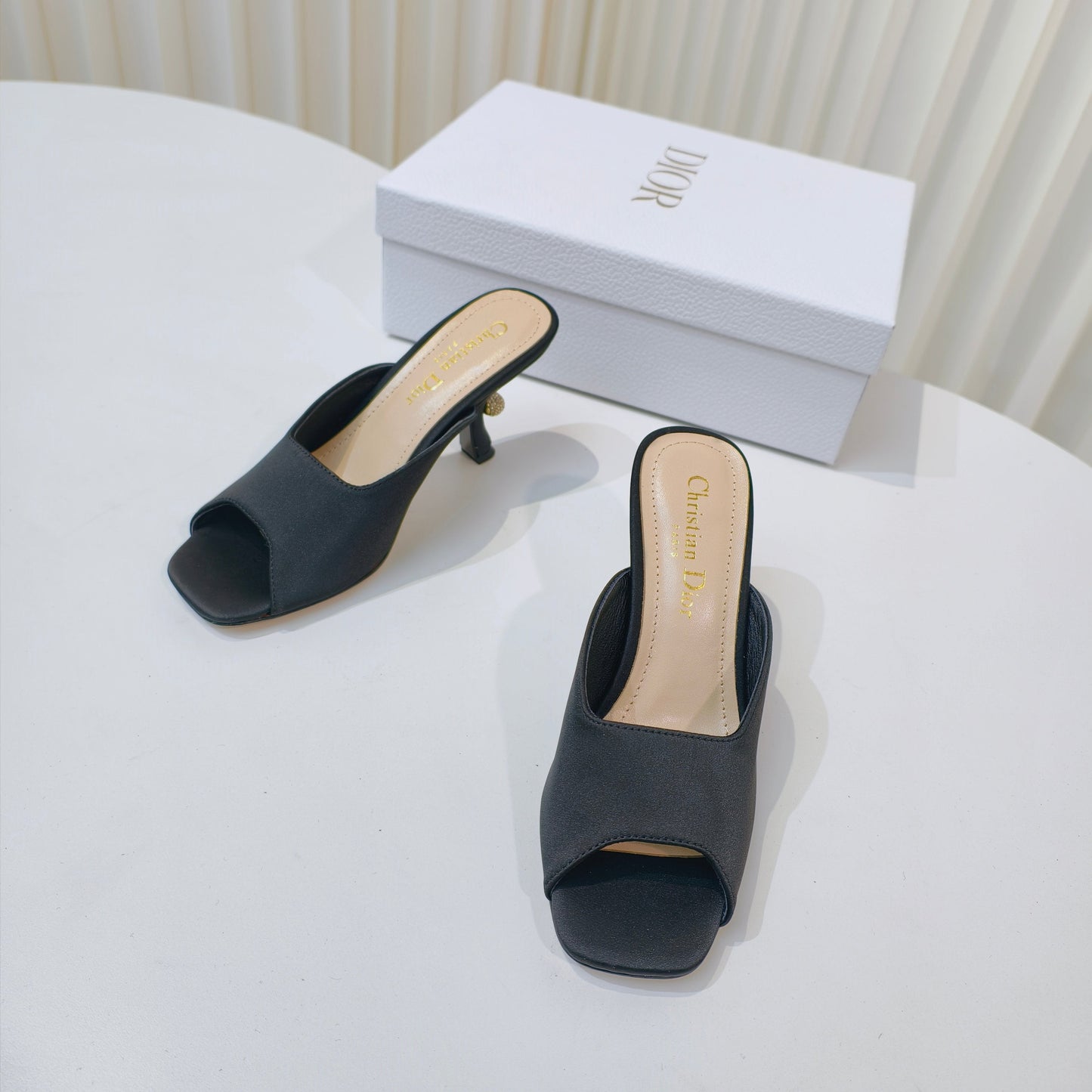 DIOR EMBELLISHED HIGH HEEL SLIDES 25S IN BLACK SATIN - 34