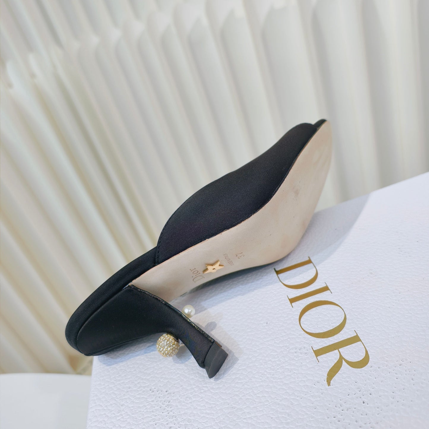 DIOR EMBELLISHED HIGH HEEL SLIDES 25S IN BLACK SATIN - 34
