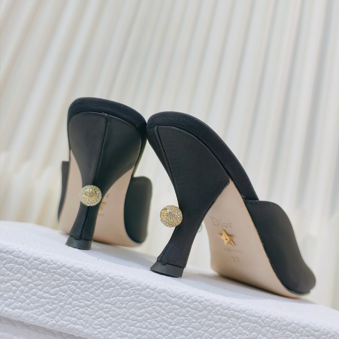 DIOR EMBELLISHED HIGH HEEL SLIDES 25S IN BLACK SATIN - 34