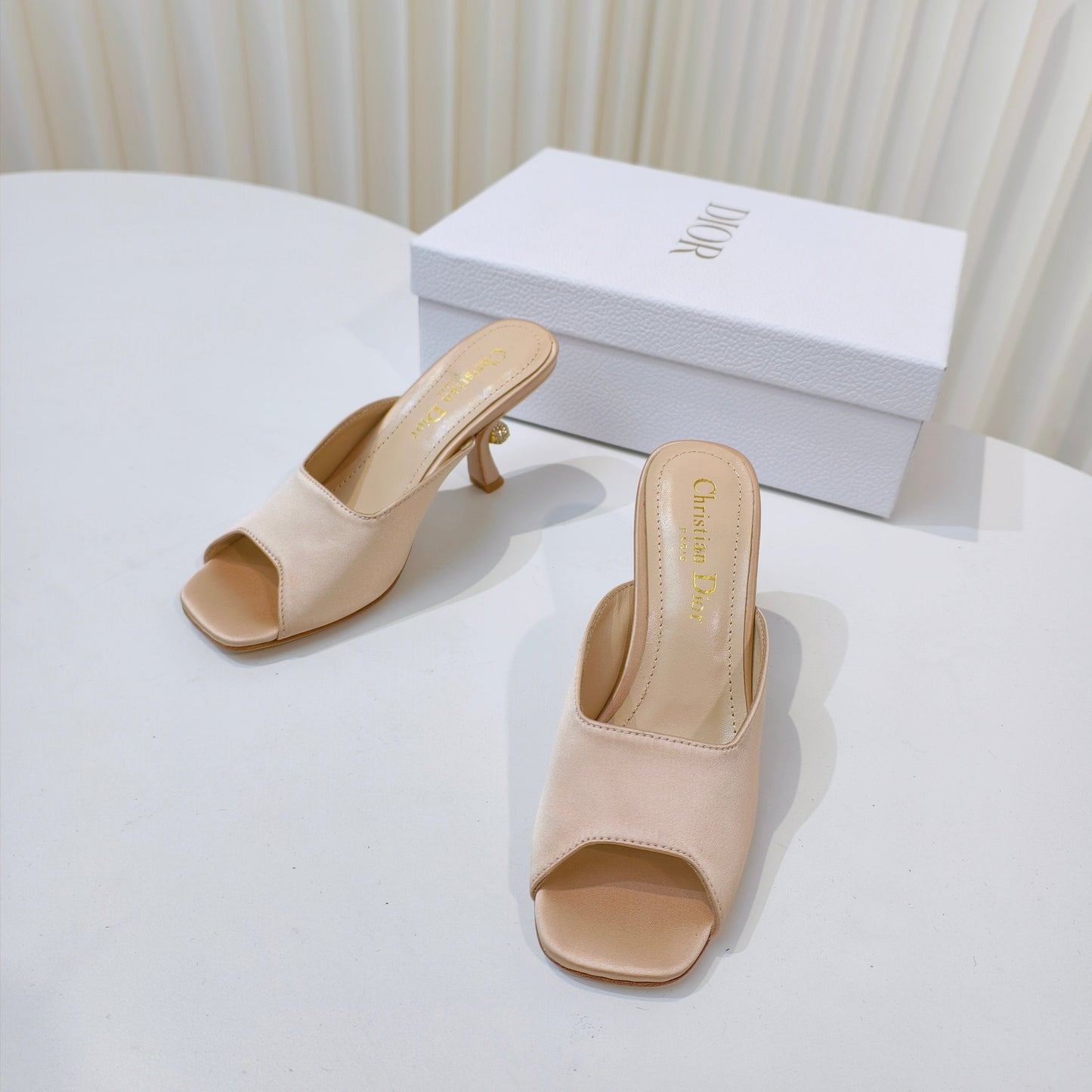 DIOR EMBELLISHED HIGH HEEL SLIDES 25S IN LIGHT BEIGE SATIN - 34