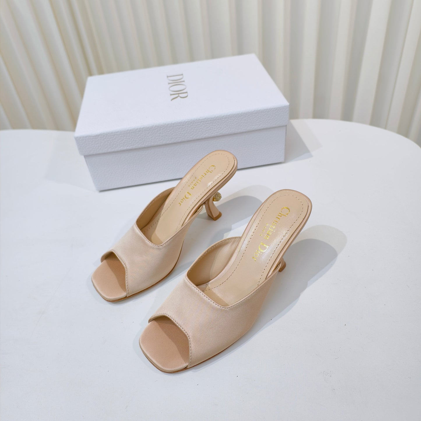 DIOR EMBELLISHED HIGH HEEL SLIDES 25S IN LIGHT BEIGE SATIN - 34