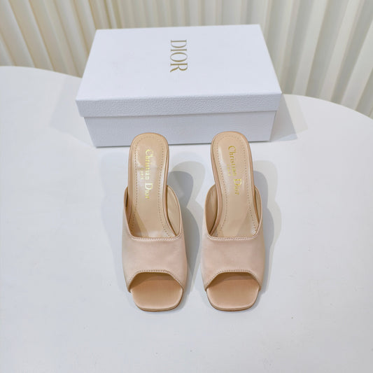DIOR EMBELLISHED HIGH HEEL SLIDES 25S IN LIGHT BEIGE SATIN - 34
