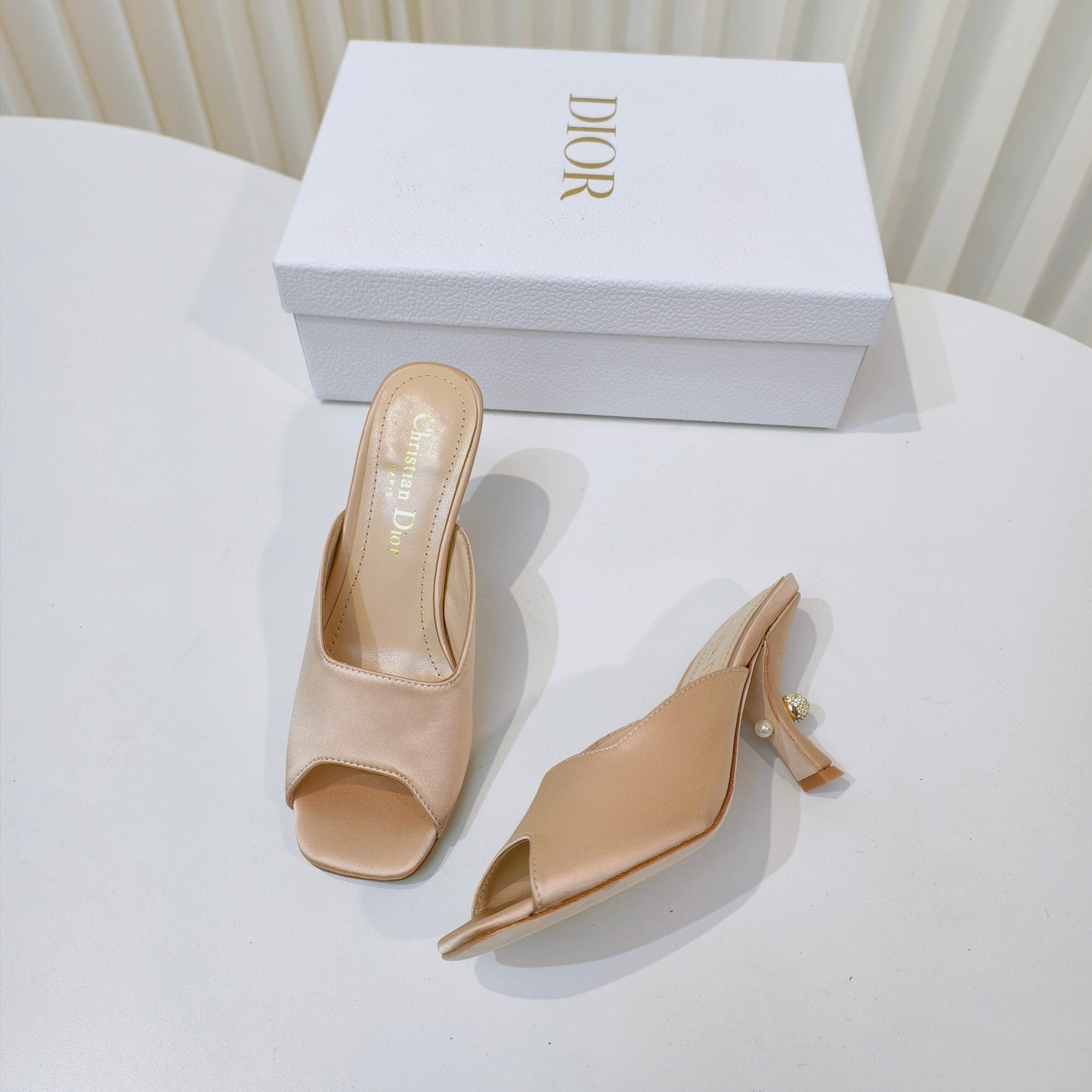DIOR EMBELLISHED HIGH HEEL SLIDES 25S IN LIGHT BEIGE SATIN - 34