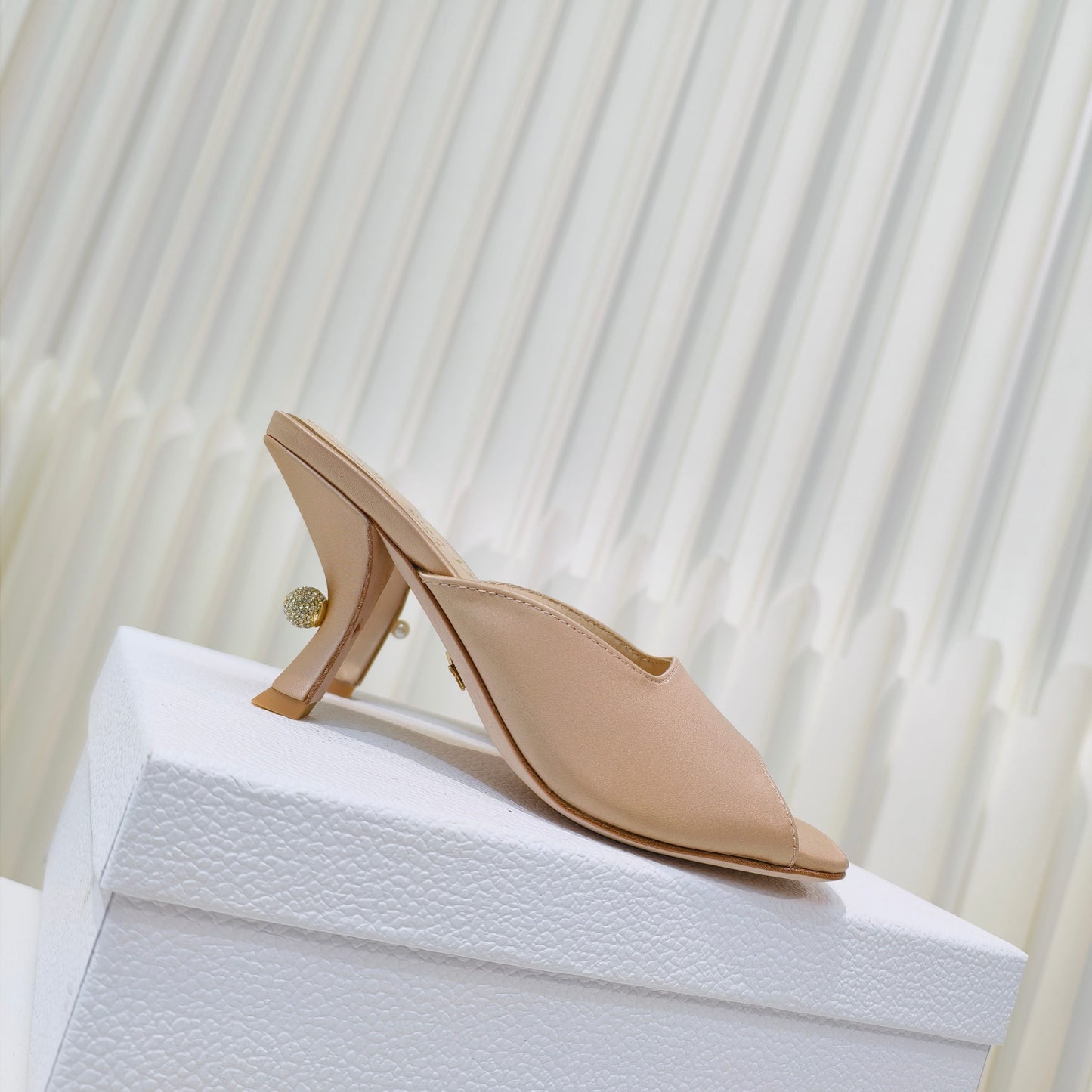 DIOR EMBELLISHED HIGH HEEL SLIDES 25S IN LIGHT BEIGE SATIN - 34