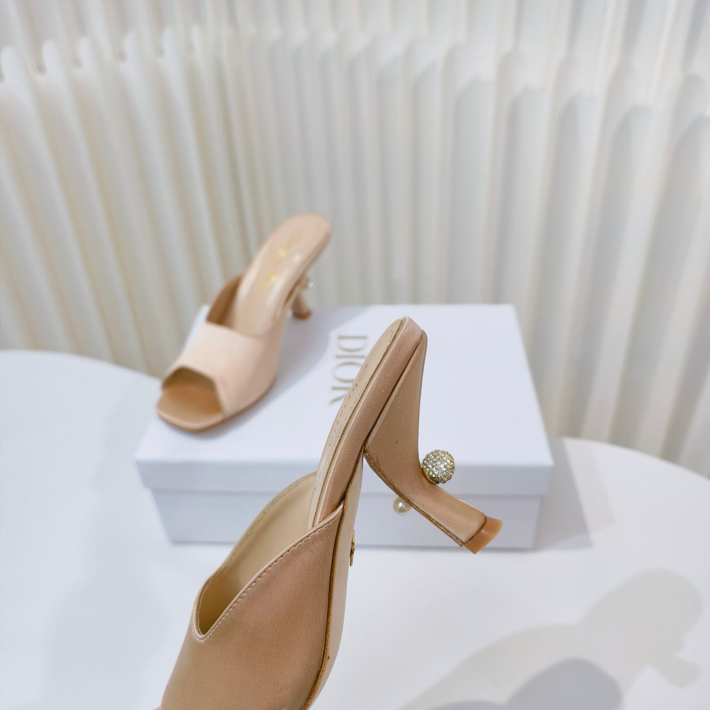 DIOR EMBELLISHED HIGH HEEL SLIDES 25S IN LIGHT BEIGE SATIN - 34