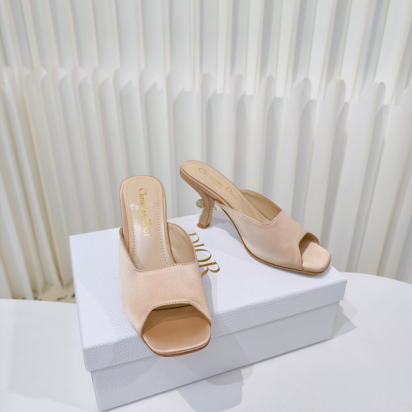 DIOR EMBELLISHED HIGH HEEL SLIDES 25S IN LIGHT BEIGE SATIN - 34