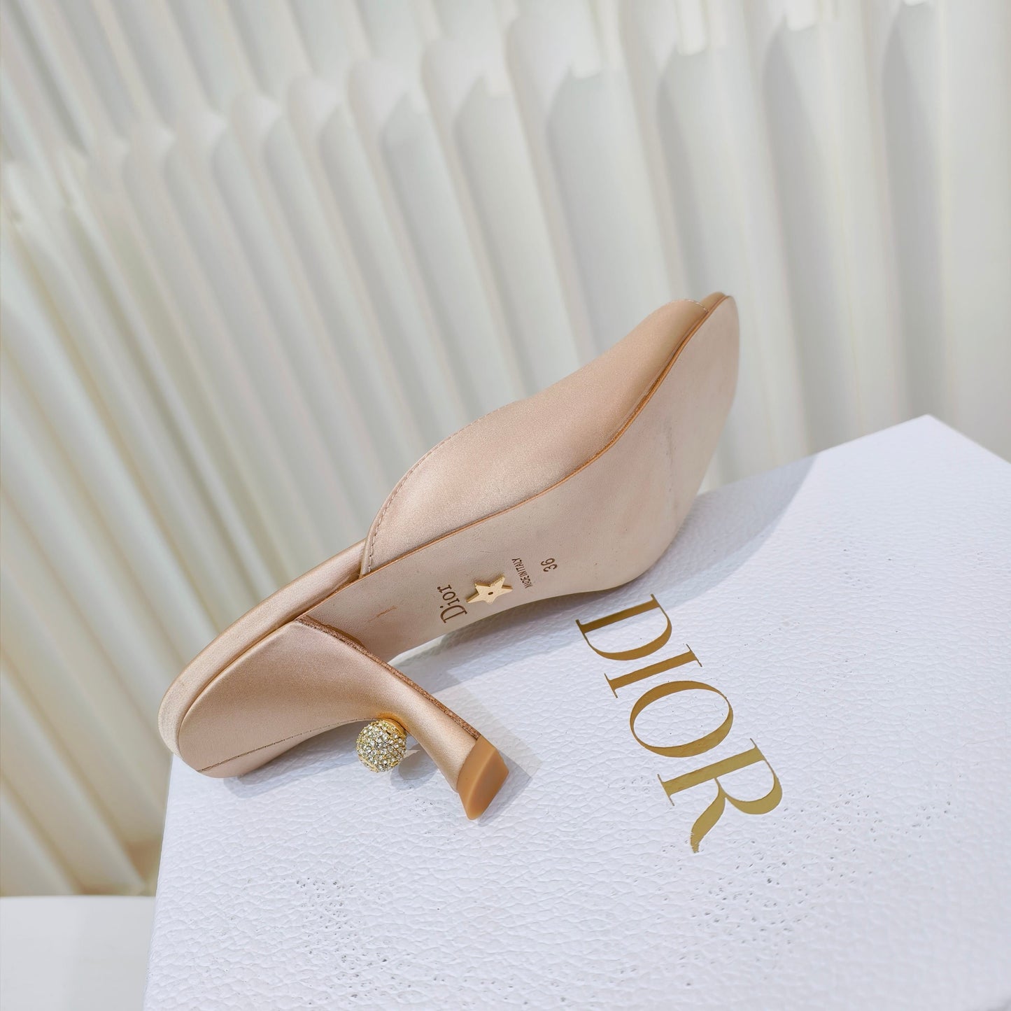 DIOR EMBELLISHED HIGH HEEL SLIDES 25S IN LIGHT BEIGE SATIN - 34