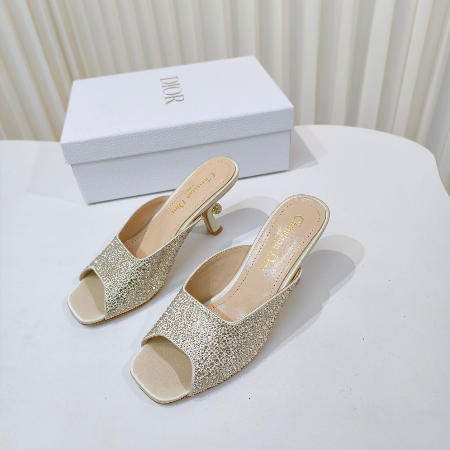 DIOR EMBELLISHED HIGH HEEL SLIDES 25S IN LIGHT BEIGE SATIN AND CALFSKIN - 34