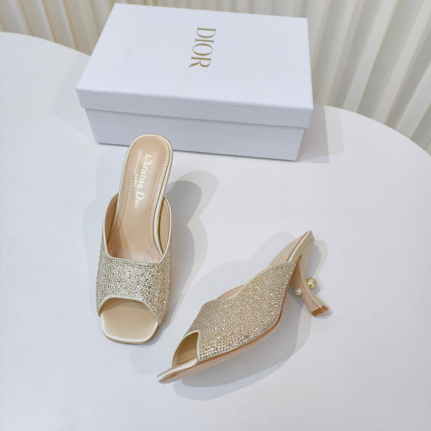 DIOR EMBELLISHED HIGH HEEL SLIDES 25S IN LIGHT BEIGE SATIN AND CALFSKIN - 34