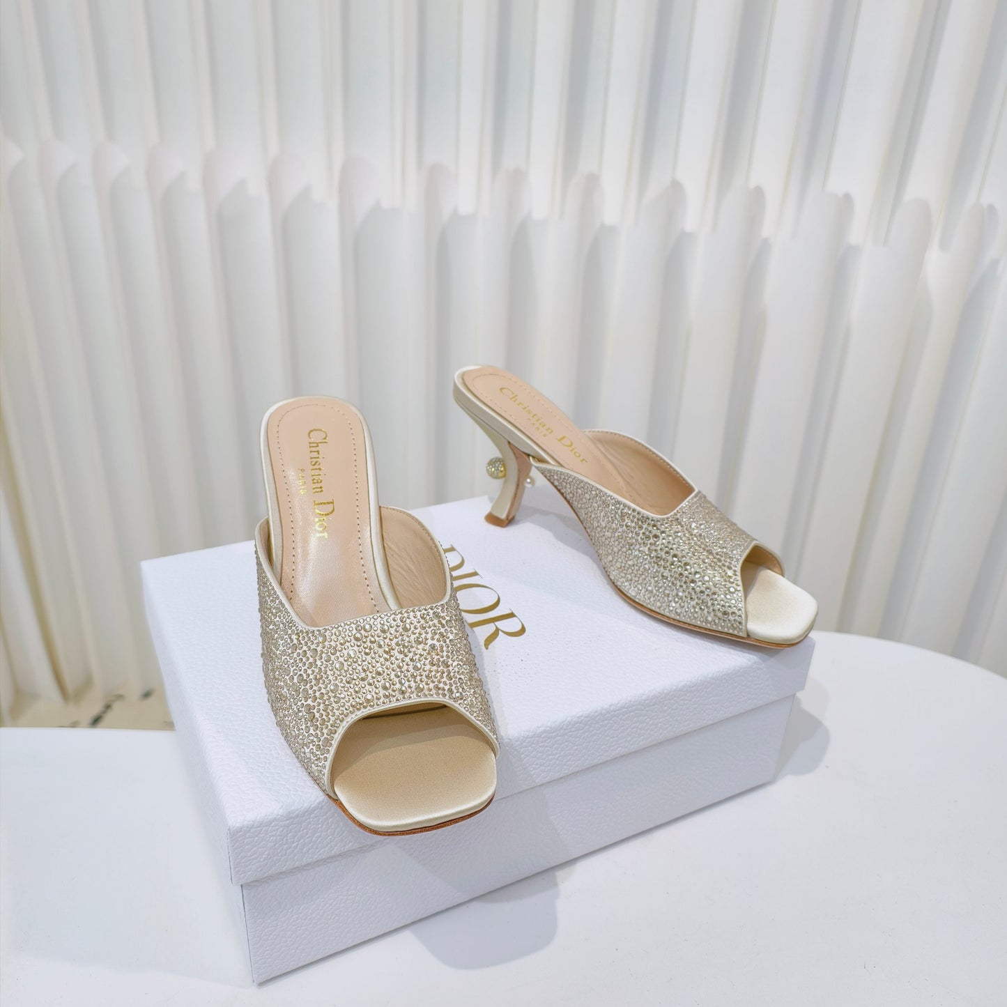 DIOR EMBELLISHED HIGH HEEL SLIDES 25S IN LIGHT BEIGE SATIN AND CALFSKIN - 34