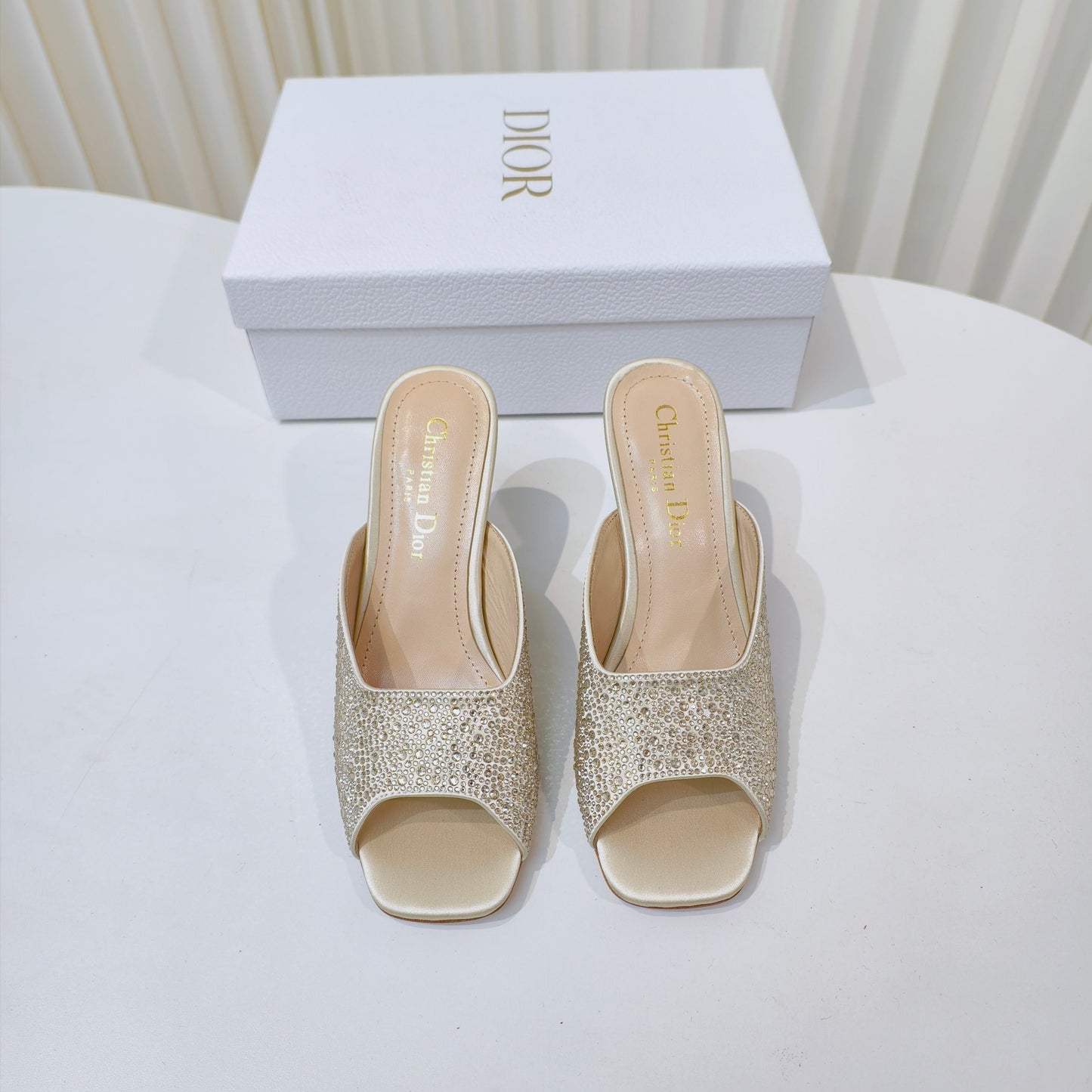 DIOR EMBELLISHED HIGH HEEL SLIDES 25S IN LIGHT BEIGE SATIN AND CALFSKIN - 34