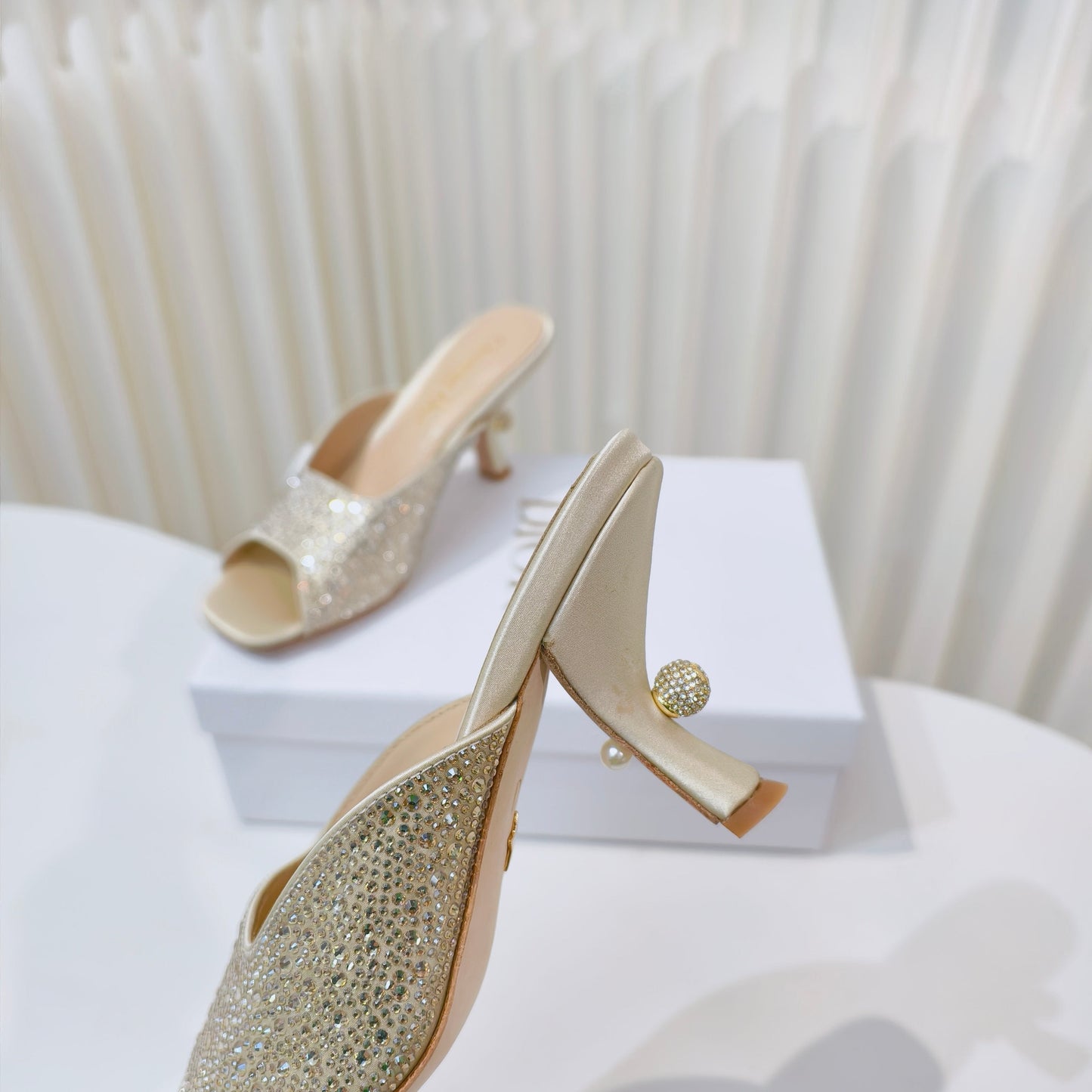 DIOR EMBELLISHED HIGH HEEL SLIDES 25S IN LIGHT BEIGE SATIN AND CALFSKIN - 34