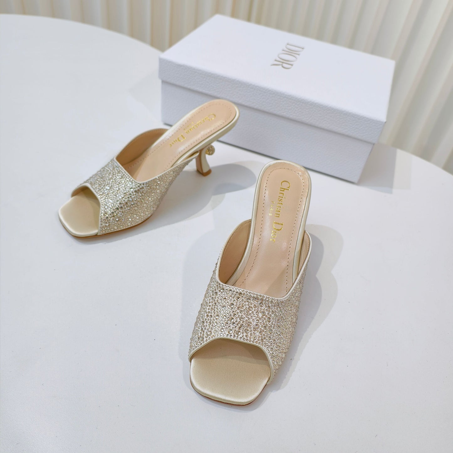 DIOR EMBELLISHED HIGH HEEL SLIDES 25S IN LIGHT BEIGE SATIN AND CALFSKIN - 34