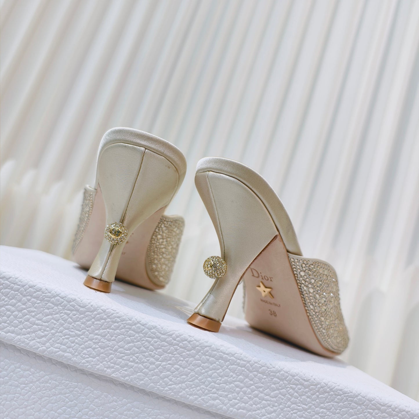 DIOR EMBELLISHED HIGH HEEL SLIDES 25S IN LIGHT BEIGE SATIN AND CALFSKIN - 34