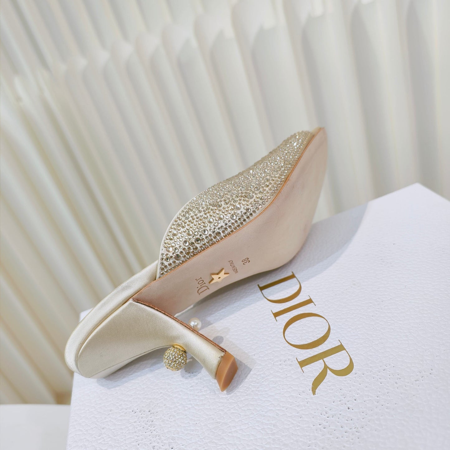 DIOR EMBELLISHED HIGH HEEL SLIDES 25S IN LIGHT BEIGE SATIN AND CALFSKIN - 34