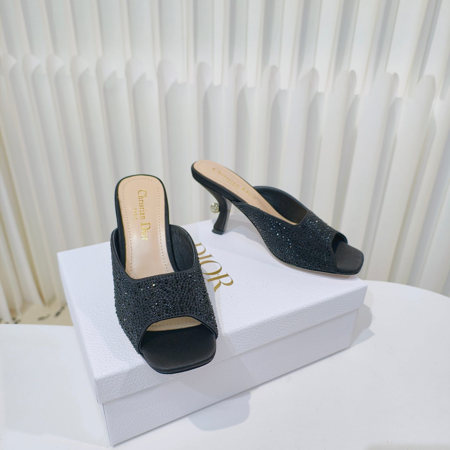 DIOR EMBELLISHED HIGH HEEL SLIDES 25S IN BLACK SATIN AND CALFSKIN - 34