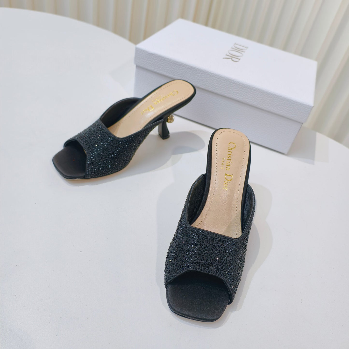 DIOR EMBELLISHED HIGH HEEL SLIDES 25S IN BLACK SATIN AND CALFSKIN - 34