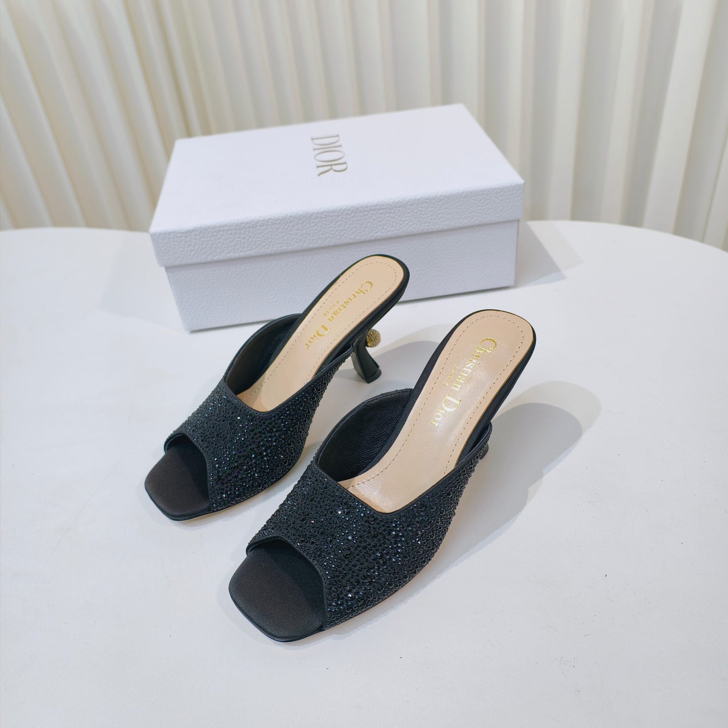 DIOR EMBELLISHED HIGH HEEL SLIDES 25S IN BLACK SATIN AND CALFSKIN - 34