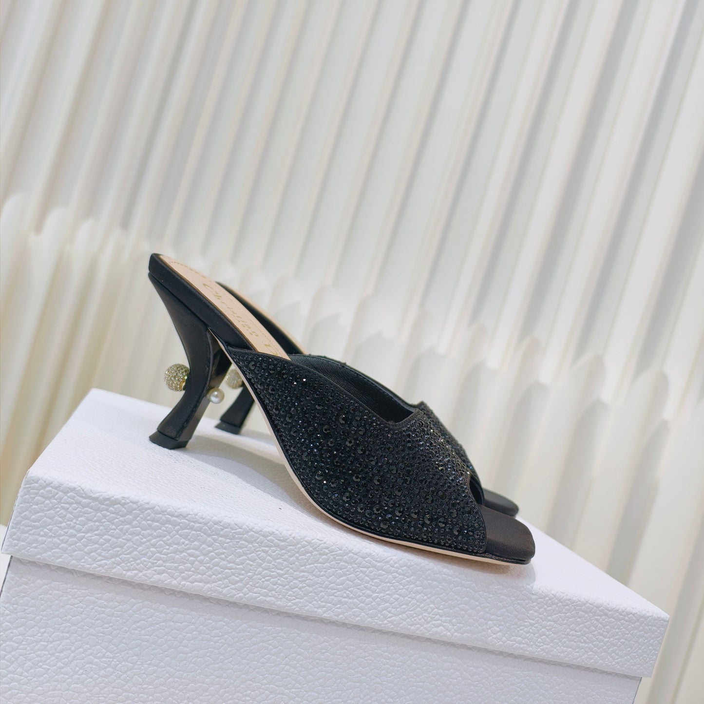 DIOR EMBELLISHED HIGH HEEL SLIDES 25S IN BLACK SATIN AND CALFSKIN - 34