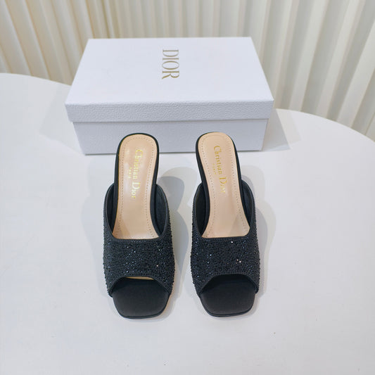 DIOR EMBELLISHED HIGH HEEL SLIDES 25S IN BLACK SATIN AND CALFSKIN - 34
