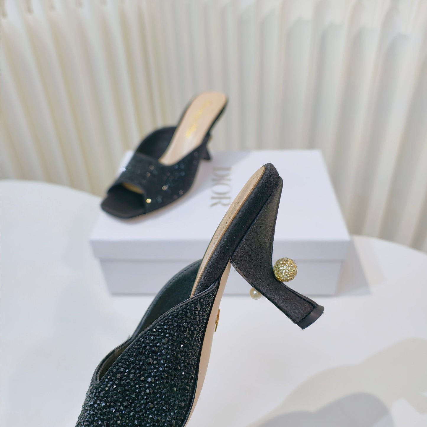 DIOR EMBELLISHED HIGH HEEL SLIDES 25S IN BLACK SATIN AND CALFSKIN - 34