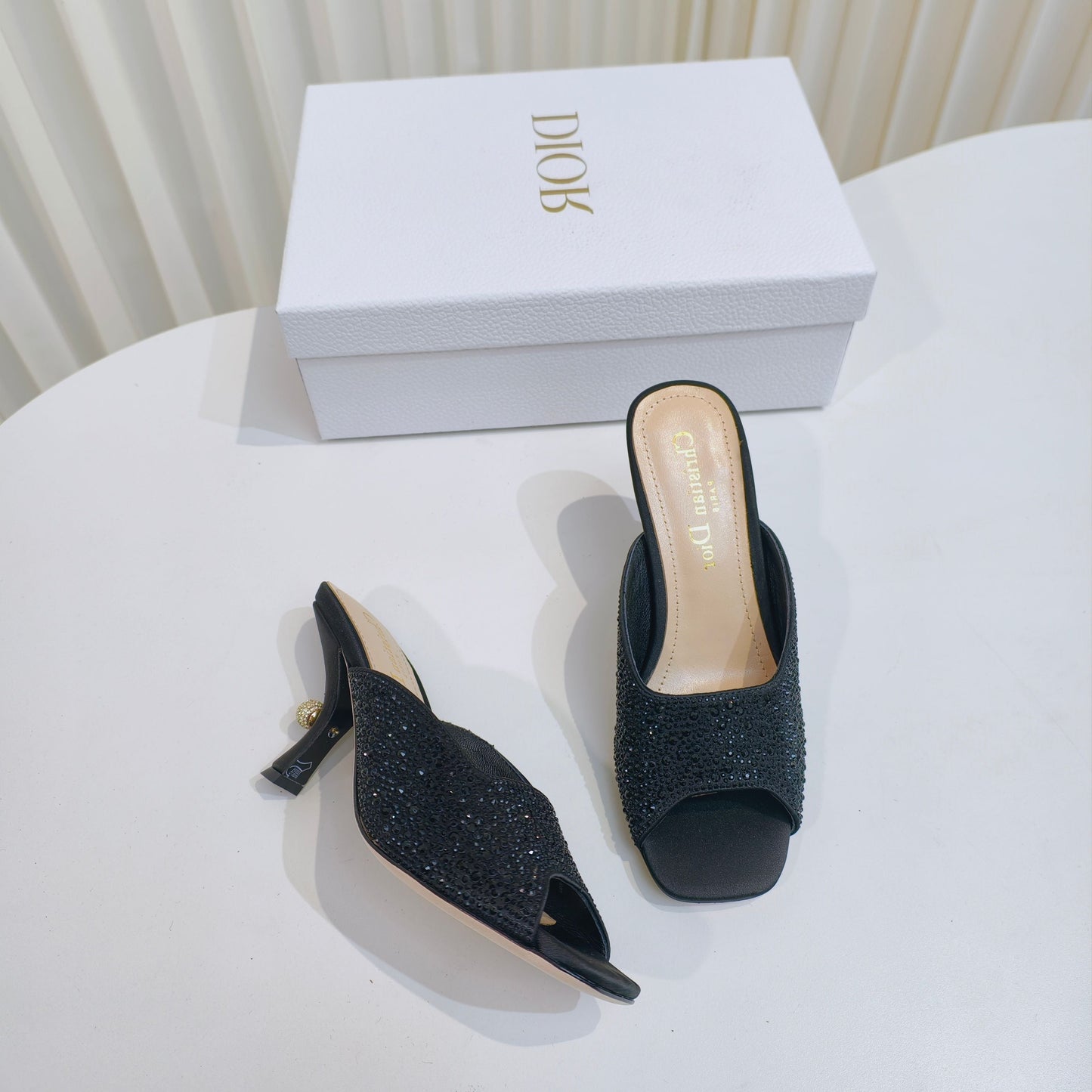 DIOR EMBELLISHED HIGH HEEL SLIDES 25S IN BLACK SATIN AND CALFSKIN - 34