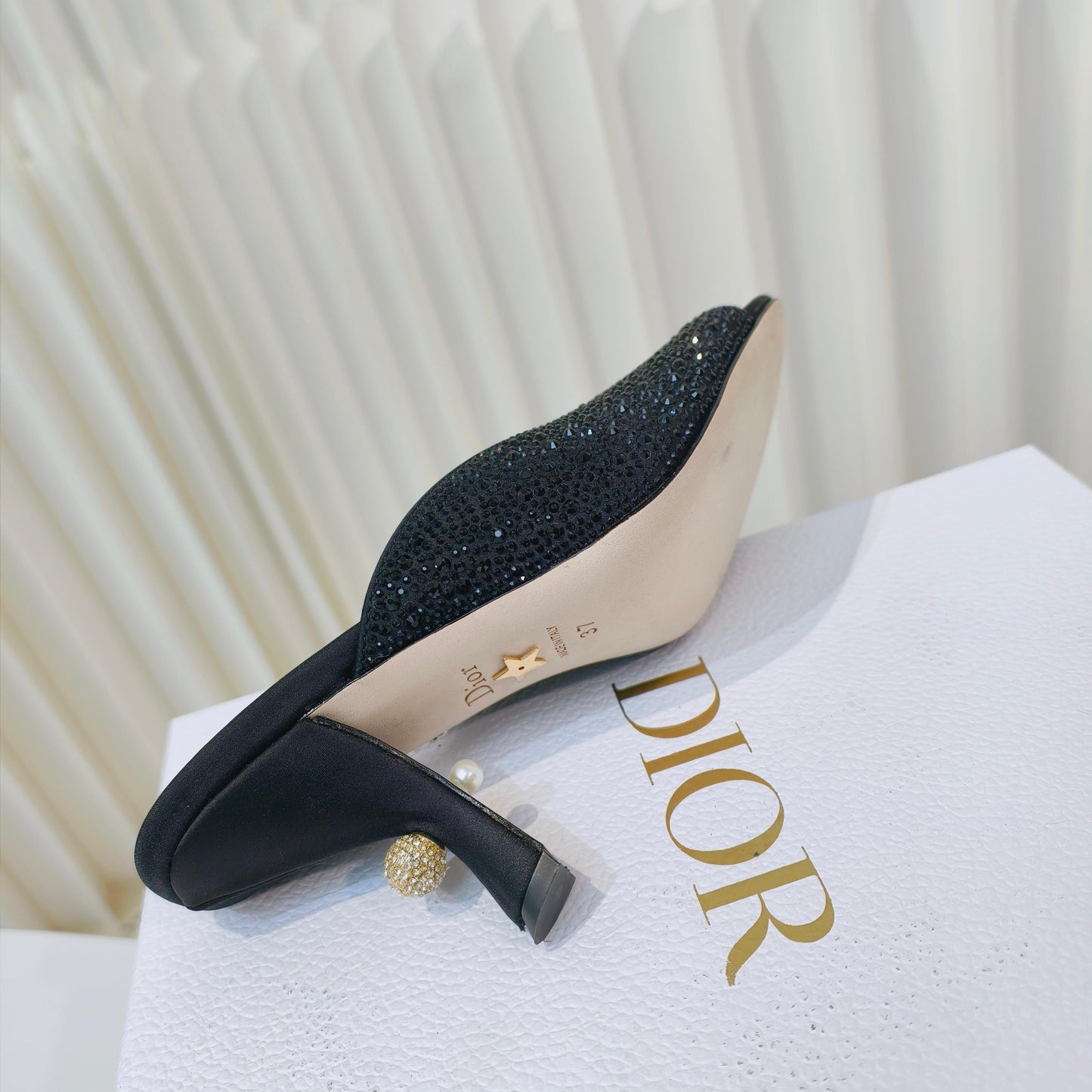 DIOR EMBELLISHED HIGH HEEL SLIDES 25S IN BLACK SATIN AND CALFSKIN - 34