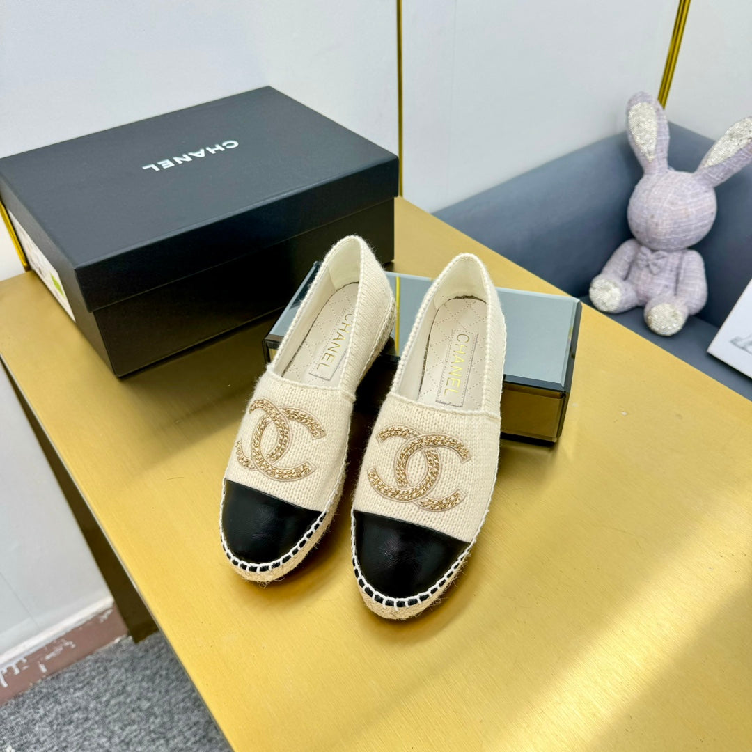 CC ESPADRILLES PLATFORM 25S IN CREAM WHITE KNITTED WOOL AND BLACK LAMBSKIN - 34